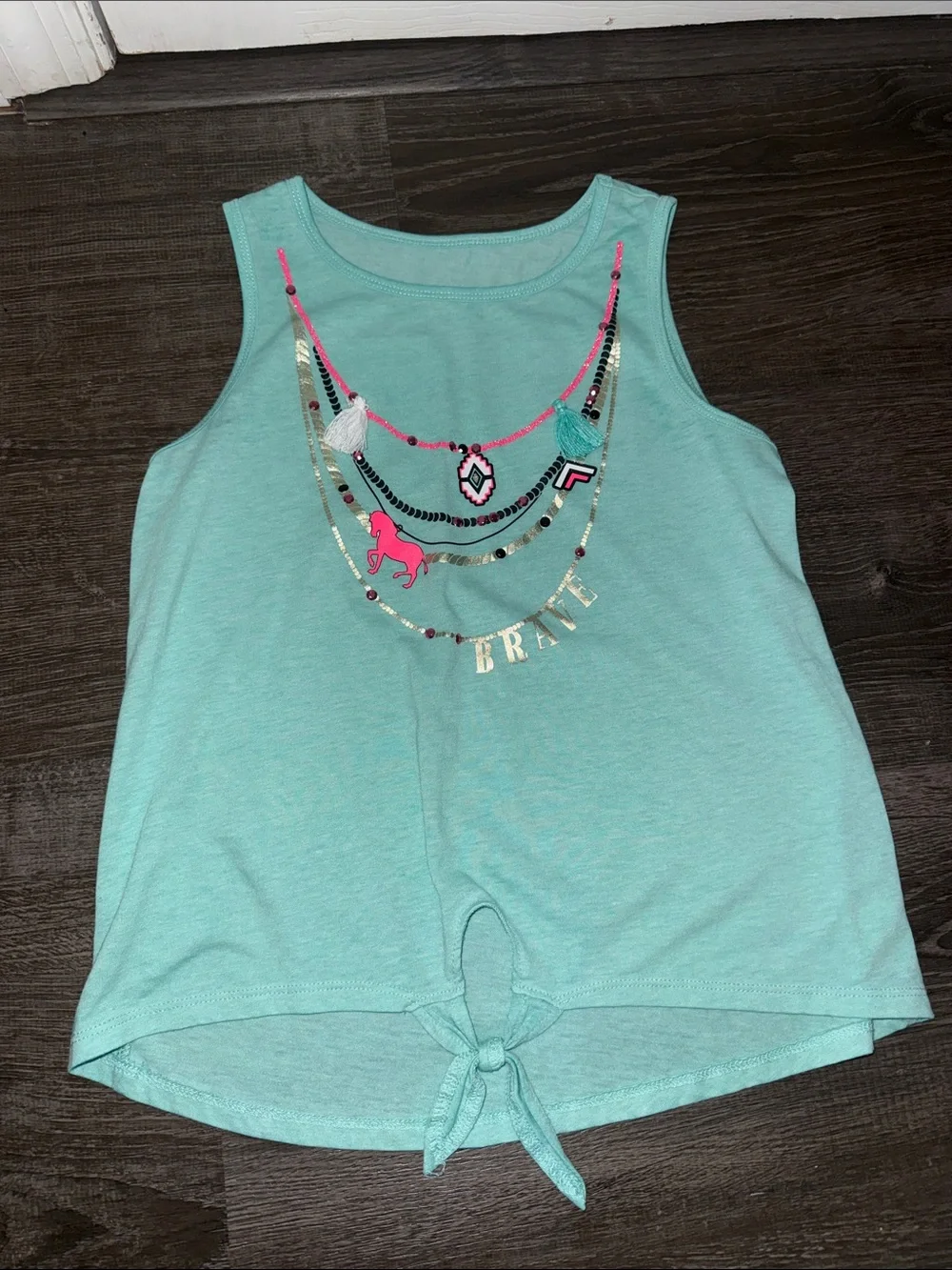 Justice Mint Green Tank Top with Pink & Gold Necklace Print